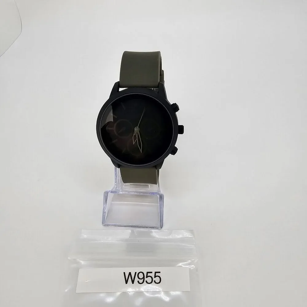 Men's Watch 45MM Black‎ Case Black Dial Dark Green Plastic Bands New Battery